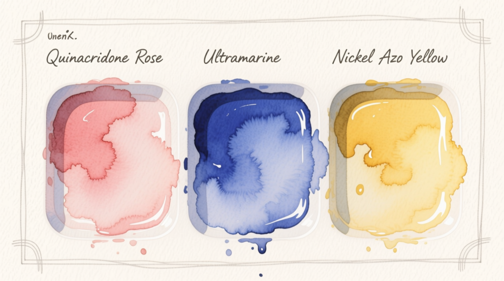 Watercolor palette showing quinacridone rose, ultramarine, and nickel azo yellow mixing wells.